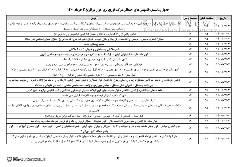 جدول خاموشی‌های احتمالی برق کلانشهر اهواز/۳ خرداد ۱۴۰۰