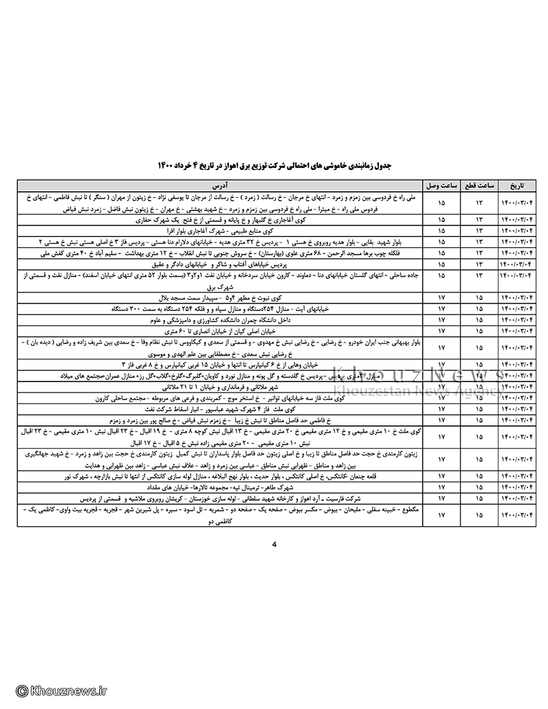 جدول زمانبندي خاموشي هاي احتمالي شركت توزيع برق اهواز در تاريخ 4  خرداد