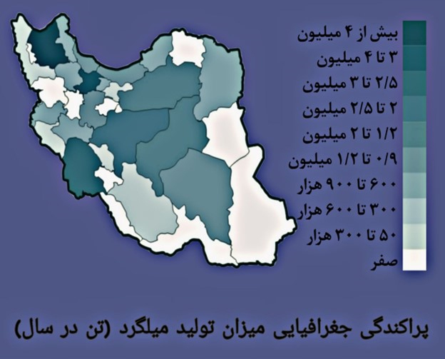 پراکندگی جغرافیایی تولید میلگرد را به تفکیک هر استان در تصویر می توانید مشاهده کنید.