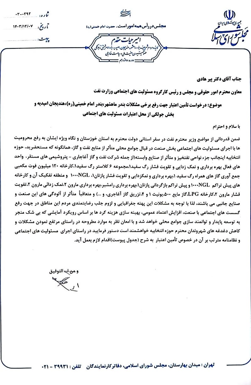 پیگیری دکتر امیر حیات مقدم برای  تامین اعتبار جهت رفع برخی مشکلات بندر ماهشهر، بندر امام خمینی، هندیجان ، امیدیه و بخش جولکی از محل اعتبارات مسئولیت‌های اجتماعی در تاریخ 1403/12/7