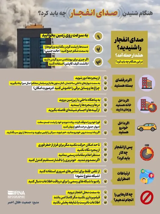 از لحظه انفجار تا بازگشت آرامش؛ چگونه جان خود را نجات دهیم؟/ اینفوگرافیک
